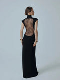 Ahagaga Fashion Sexy Women's Maxi Dresses Turtleneck Short Sleeves Hollow Out Lace Patchwork Sheath Split Party Solid Vestidos