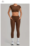 Yoga Set Women's Tracksuit Short Sleeve Back Hollow Out Sports Top Athletic Wear Tight High Waist Pocket Leggings Fitness Suits
