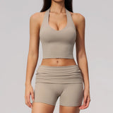 2PCS Yoga Set Women V-neck Cross Neck Shock-absorbing Sports Vest Workout Pleate Flip High Waist Shorts Gym Runing Fitness Suits