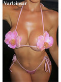 S - XL New Shiny 3D Flowers Halter Bikini Female Swimsuit Women Swimwear Two-Pieces Bikini Set Bather Bathing Suit Swim V7703
