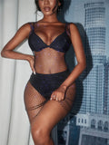 XS-2XL 15 Colors Rhinestones Fishnet Dress O-Neck Grid Swimsuit Bikini Cover Up Beach Pool Party Cover-ups for Swimwear Women