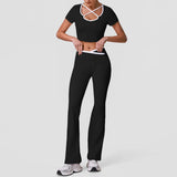Summer Quick Drying Yoga Sets Women Black Patchwork Short Sleeve Cross Neck Sports Top High Waist Flared Pants Fitness Suits