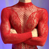 New American Style Fashion Men Vests Tops Crew Neck Sexy Hollow  Mesh Bodysuit Casual  Long Sleeve Tank Clubwear Party Costume