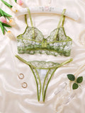 Green Floral Sexy Lace One-Piece Sheer Embroidered Lingerie, Sweet French Pure Passion Circle Bra ZA825194