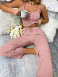 Women’s Summer Lace Trim Pajama Set, Ribbed Cami Top and Long Pants, Soft Casual Loungewear Sleepwear for Ladies