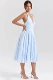 French Style Blue Jacquard Dress With French Vibe V-neck Backless Holiday Halter-neck Dress Niche Long Dress Pure Desire U633