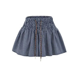 Korean Women's Casual Shorts With Elastic Waist And Drawstring Pleated Plaid A-line Wide-leg Hot Pants For Trendy Girls EHL7