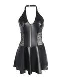 Baby Doll Black PU Leather Lace Sexy Halter Dress With Garter Belts Daring Lingerie for Women Plus Size Club Wear Ladies Dresses