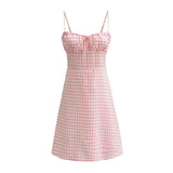 Foridol Spaghetti Strap Tie Up Plaid Dress Women Summer Beach Midi Sundress Strapless Retro Pink Short Vestidos Female Dress