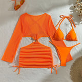 DEKA Women Solid Bikini Set Halter Bra Lace-up Swimsuit Set With Mesh Yarn Cover Up Dress Knitted  Long Sleeve Boho Swimwear