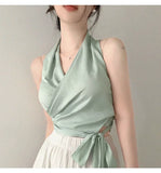 Women Blouses Slim Fit V-neck Lace Up Open Stitch Versatile Sleeveless Top For Female Chiffon Tops Summer Fashion PPAY