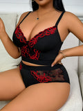 Black Red Embroidery Lace Splicing Lingerie Set Plus Size Wireless Minimizer Bra Sheer Breathable Seamless
