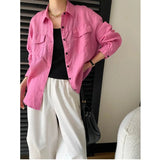 Women White Linen Blend Button Down Shirt Turn Down Collar Chest Pocket Loose Fit Blouse For Summer And Vacation Outfit KY7U