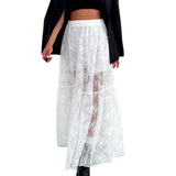 Women See-Through Lace A-Line Skirts Casual Summer Solid Color Elastic Waist Long Skirt for Beach Vacation Club