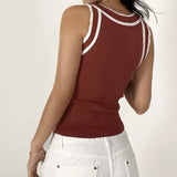 Slim-fit Color-blocked Sleeveless Tank Top For Women Spring Round-neck Slim-fit Hot Girl Knit Short Top Casual Style 77RB