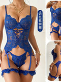 New Sexy Blue Lace Soft Steel Ring Cross Strap Garter Bodysuits Pure Desire Backless Deep V Suspenders Sleeveless Bodysuits Y7JW