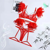 Toucheart 4 Piece Set Fun Lingerie For Women Feather Lace Splicing Chain Sexy Slim Mesh See-Through Sexy Lingerie Garters Suit