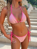 2026 Trendy String Bikini Set Triangle Top Side Tie Bottoms with Metallic Pendant  Solid Color Contrast Trim Women Swimwear