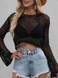 Mesh Crochet Beach Shirt Women Solid Cover Up Ladies Long Sleeve Tops 2026 Sexy Beachwear Bathers Swim Bathing Suit