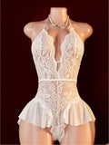 Women's Lace Bodysuit Halter Neck Deep V Backless Floral Sheer One Piece Lingerie with Ruffle Skirt for Nightwear