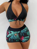 2026 Summer Women's Print Patchwork Swimsuit Sexy Deep V Neck Back Lace-up Swimwear High Waist Shorts Tankini Bathing Suit Beach