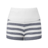 Women Spring Summer Striped Knit Shorts Slim Fold Over Low Rise Mini Shorts for Daily Office Party Club