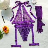 New Purple Sexy Lace Bodysuits Deep V Neck Halter Mesh Solid Color Bodysuits Charming  Pure Desire Transparent Flower Print OOB5