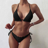 Ribbed Ruffled Frilled Brazilian Bikini Women Swimsuit Female Swimwear Two Pieces Bikini Set Halter String Bathing Suit Swim