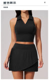 Women's Tracksuit Yoga Set 2 Pieces High Waist Pleate Pocket Skort Fitness Suit Turn Down Collar V Neck Slim Tank Top Sporstwear