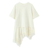 New Women's Lace Patchwork T-Shirt Top Women Lace Trim Hem T Shirt Crew Neck Short Sleeved Loose Fit Casual Solid Color Top MQ08