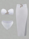 with Long Mesh Skirt Bandeau Bikini Women Swimwear Female Swimsuit Three-pieces Bikini Set Bather Bathing Suit Swim Beachwear