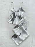 Women Sleepwear Summer Ice Silk Stain Comfortable 2pcs Pajamas Set V Neck Leopard Print Tops and Long Pants Loungewear