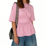 2026 Summer Women's Peplum Tops Casual Elegant Stylish Bow Backless Loose Shirts Crew Neck Elbow Sleeve Blouse