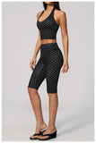 New Summer Women White Polka Dot Print Yoga Sets Hanging Neck Slim Sport Vest High Waist Mid Pants Gym Two-piece Workout Clothes