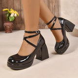 Fashion Ankle Wrap Thick High Heels Pumps Women Elegant Round Toe Platform Mary Jane Shoes Woman Patent Leather Pumps Ladies