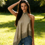 Women's Summer Solid Color Satin Halter Mock Neck Tops Sleeveless Tassel Hem Loose Fit Tank Tops