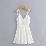 Foridol White Lace Sleeveless Summer Dress Women Hollow Out Embriodery Sundress Casual Button Beach Boho Vintage Short Dress