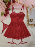New Sexy Lingerie For Woman Women Lace Hollow Bodysuit Baby Doll Garters Dress Transparent  Deep V Open Bra And Panty Underwear