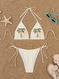 Sexy Beige 3D Pearls Coconut Tree Bikini Set 2025 Women Halter Push Up Pleate Thong Swimsuit Beach Bathing Suit Micro Swimwear