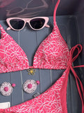 Sexy Mesh Flower Bikinis Sets Women Hot Pink Halter Push Up Bra Tie Side Swimsuit 2026 Beach Bathing Suit Holiday Micro Swimwear