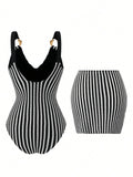 Vintage Black Striped Swimwear Skirts Set Women 2026 Metal Buckle Strap V Neck Slimming Bathing Suit Holiday One Piece Swimsuit