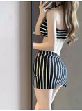 Elegant Black White Stripe Three Piece Swimsuit Set with Halter Buckle Top Wrap Skirt Modest Swimwear for Beach Pool Vacation