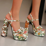 Ethnic Bohemia Sandals Women 2026 Summer Shoes Flower Print Ankle Strap Platform Block High Heels Crystal Pearl Studded