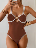 Sexy Black Contrast One Piece Swimsuit Skirt Sets Women Metal Starfish Hollow Out Slim Tummy Control Bathing Suit Swimwear XXL