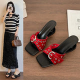 Sexy Black Rivet Slippers Square Toe Buckle Strap Strange Style Heel Sandals Outside 2025 Summer New French Style Women Shoes