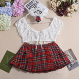 Toucheart Sexy Lingerie Suit for Women Lace Mesh See-through Lace Up Top Plaid Pleated Skirt Halter Women's Underwear Set New