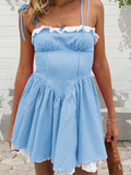Summer Plaid Mini Cami Dress for Women Fashion Slim Ruffle Trim Tie-up Spaghetti Strap A-line Dresses for Daily Party