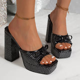 Chunky High Heel Crystal Sandals Women Plus Size 43 Square Toe Platform Slippers Woman Summer Party Bowknot Thick Heeled Sandals