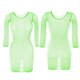 1PC Women Sexy Fishnet Beach Cover Up Long Sleeves Hollow Out Bodycon Dress See Through Summer Swimwear