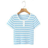 Blue And White Striped Henley Neck Knit Top Casual Short Sleeve Ribbed T Shirt For Women Summer Daily Wear Casual Fashion VGK2